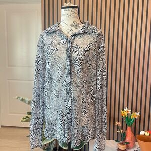 Picadilly‎ Fashions Sheer Blouse Black White Palm Leaf Print Button Down L/G